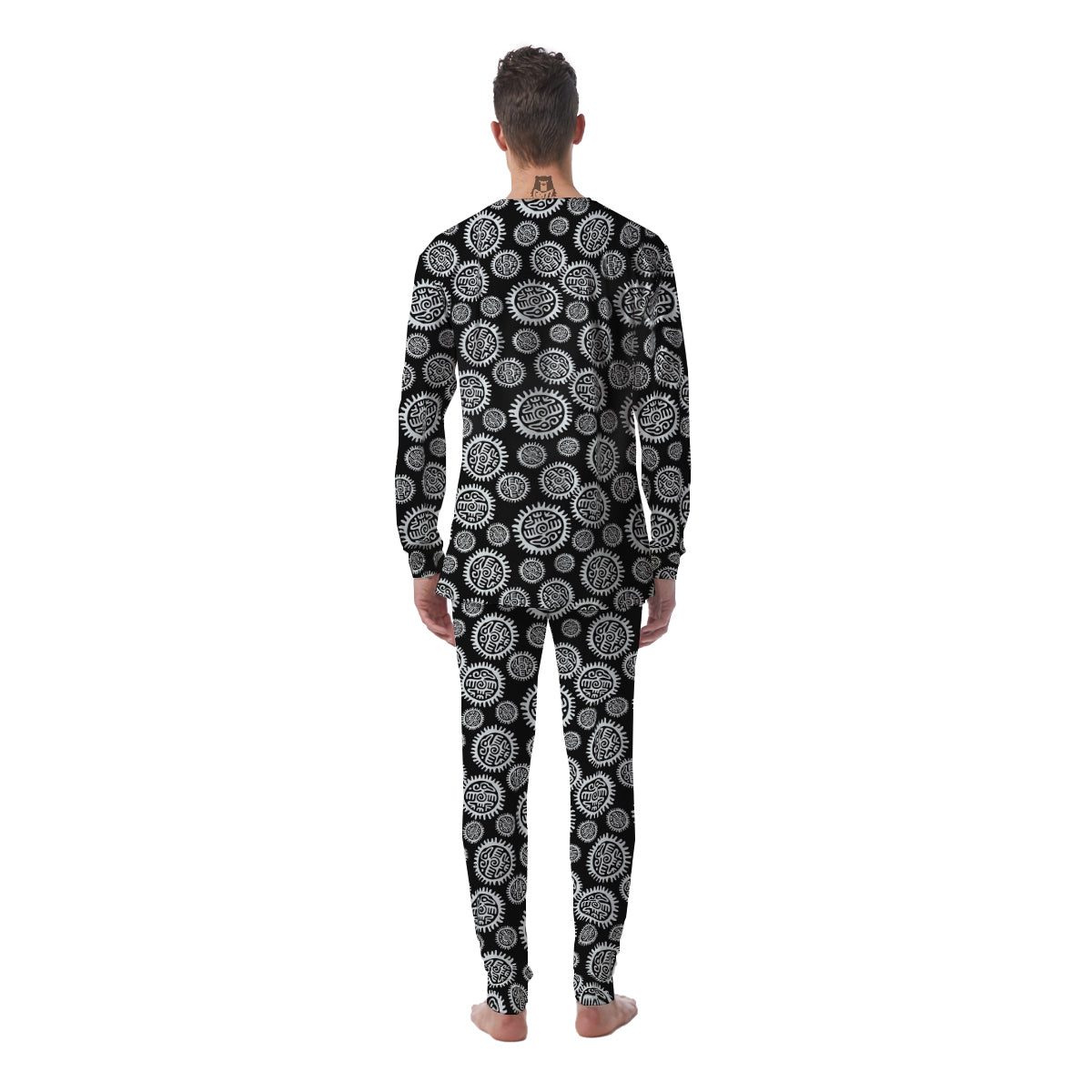 Black And White Aztec Mayan Eagle Print Pattern Men's Pajamas-grizzshop