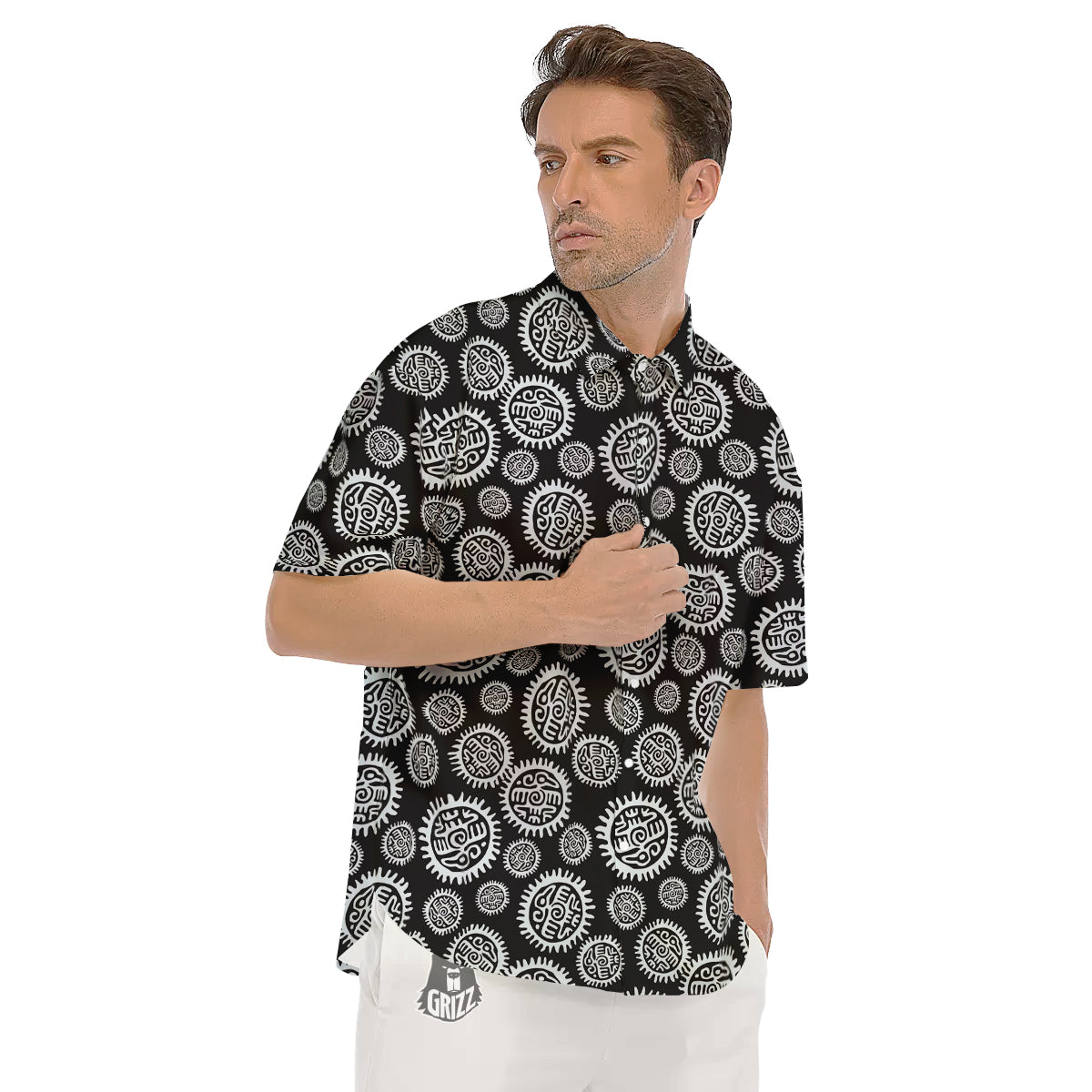 Black And White Aztec Mayan Eagle Print Pattern Men's Short Sleeve Shirts-grizzshop