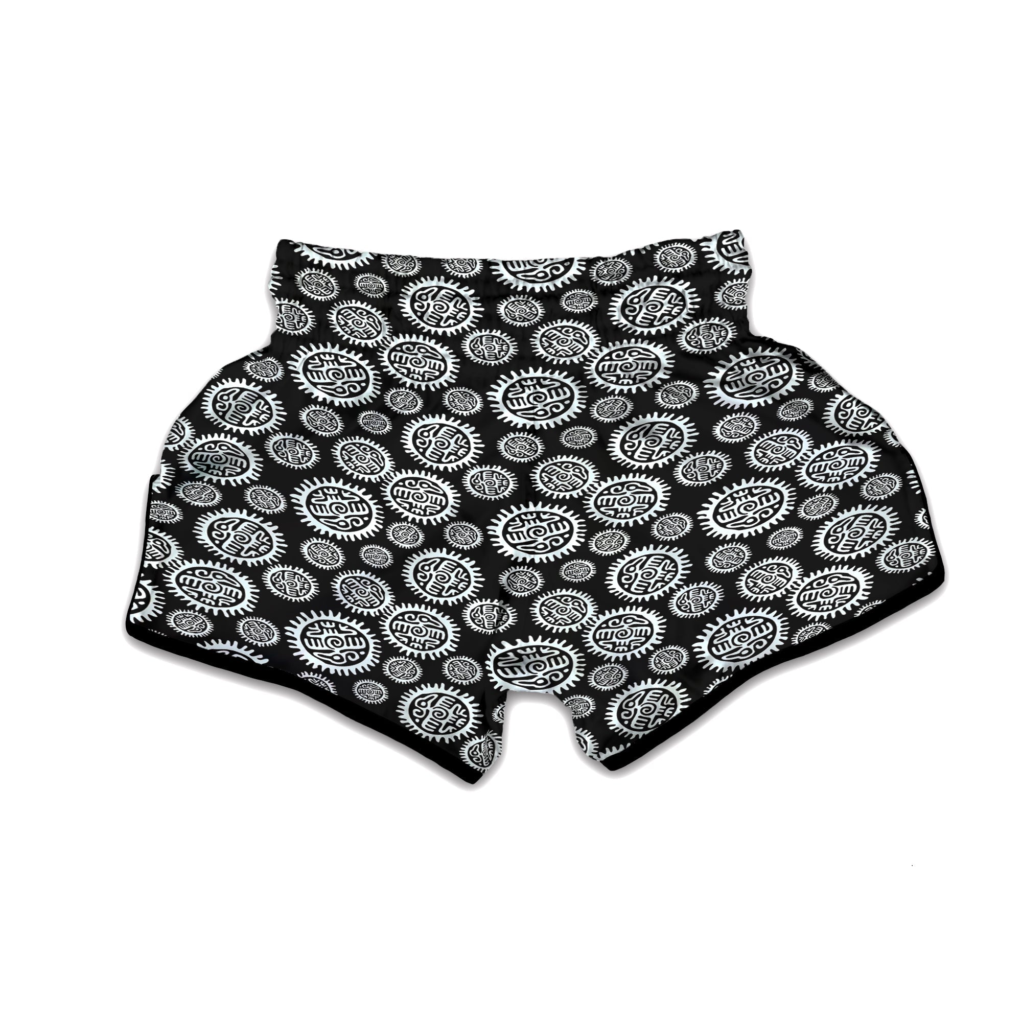 Black And White Aztec Mayan Eagle Print Pattern Muay Thai Boxing Shorts-grizzshop
