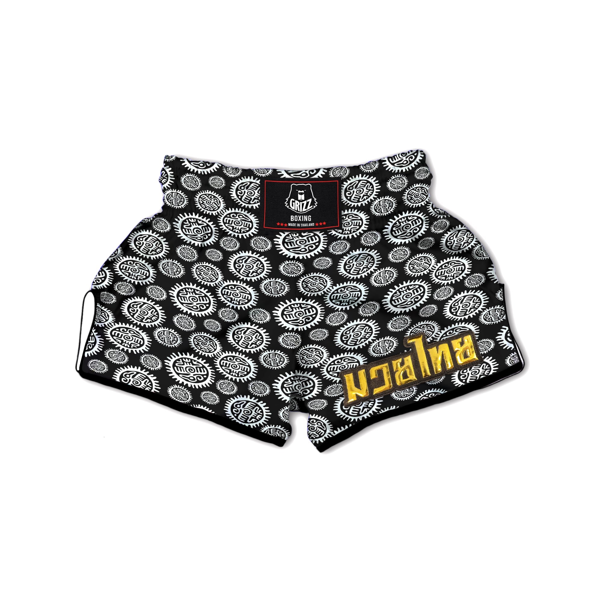 Black And White Aztec Mayan Eagle Print Pattern Muay Thai Boxing Shorts-grizzshop