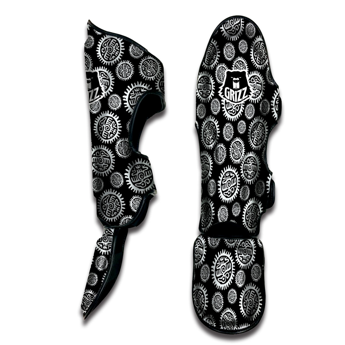Black And White Aztec Mayan Eagle Print Pattern Muay Thai Shin Guards-grizzshop