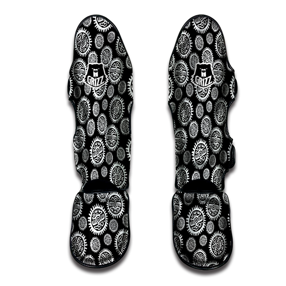 Black And White Aztec Mayan Eagle Print Pattern Muay Thai Shin Guards-grizzshop