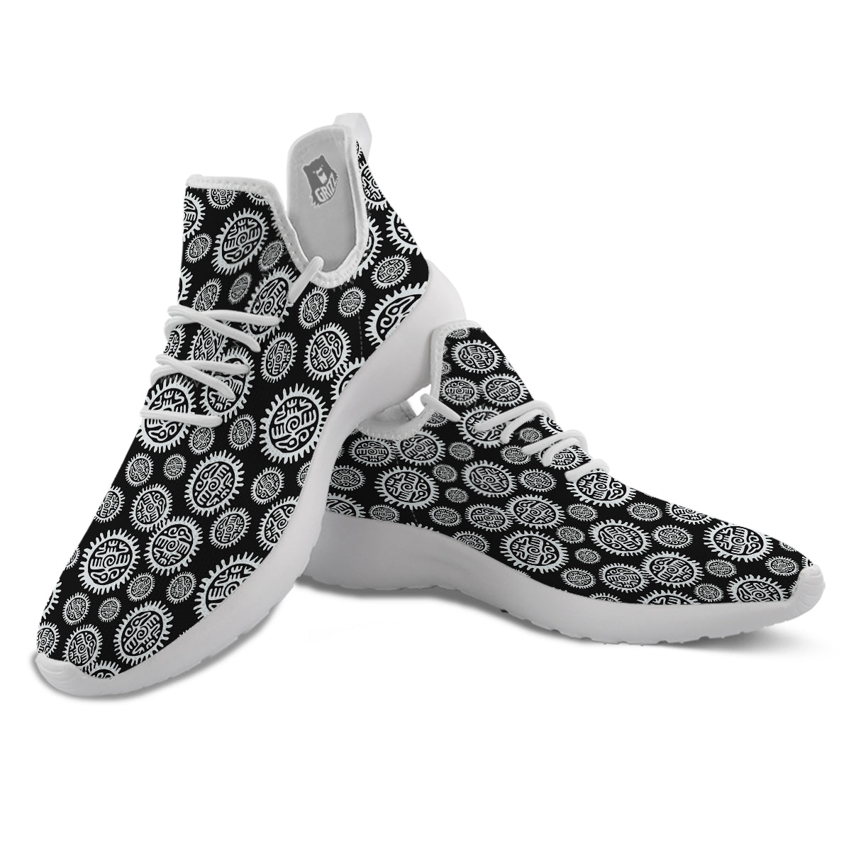 Black And White Aztec Mayan Eagle Print Pattern White Athletic Shoes-grizzshop