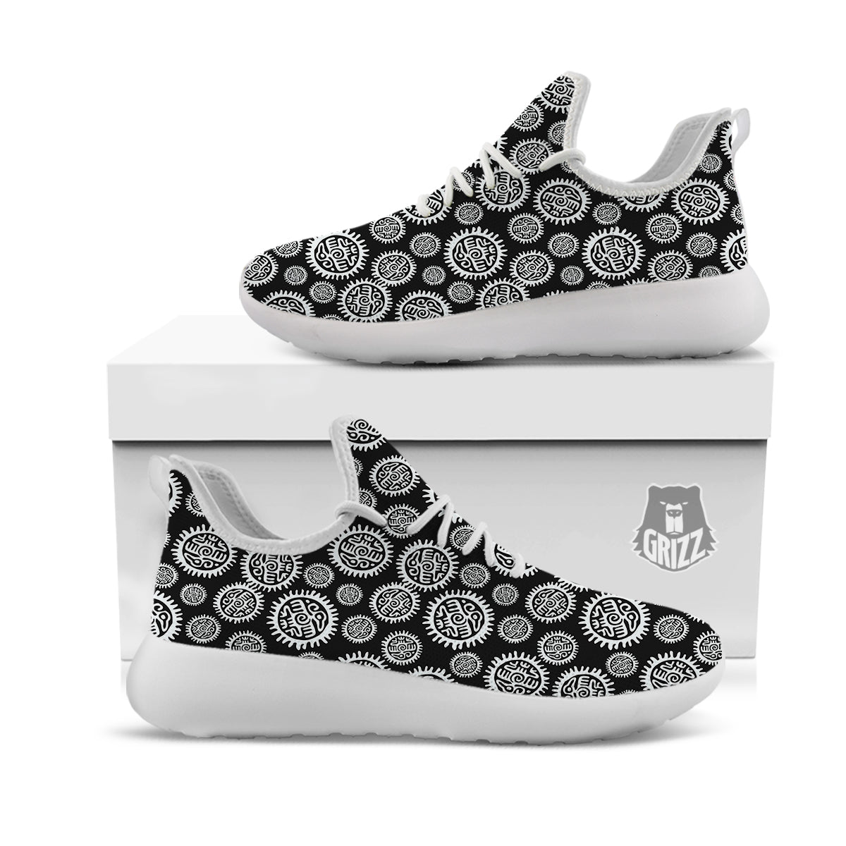 Black And White Aztec Mayan Eagle Print Pattern White Athletic Shoes-grizzshop