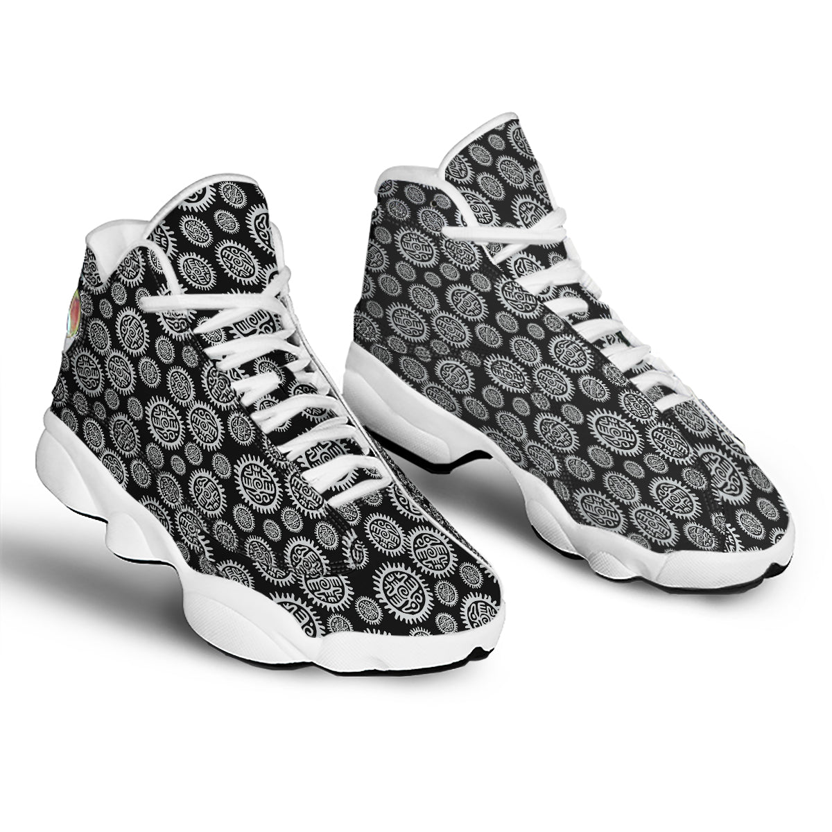 Black And White Aztec Mayan Eagle Print Pattern White Basketball Shoes-grizzshop