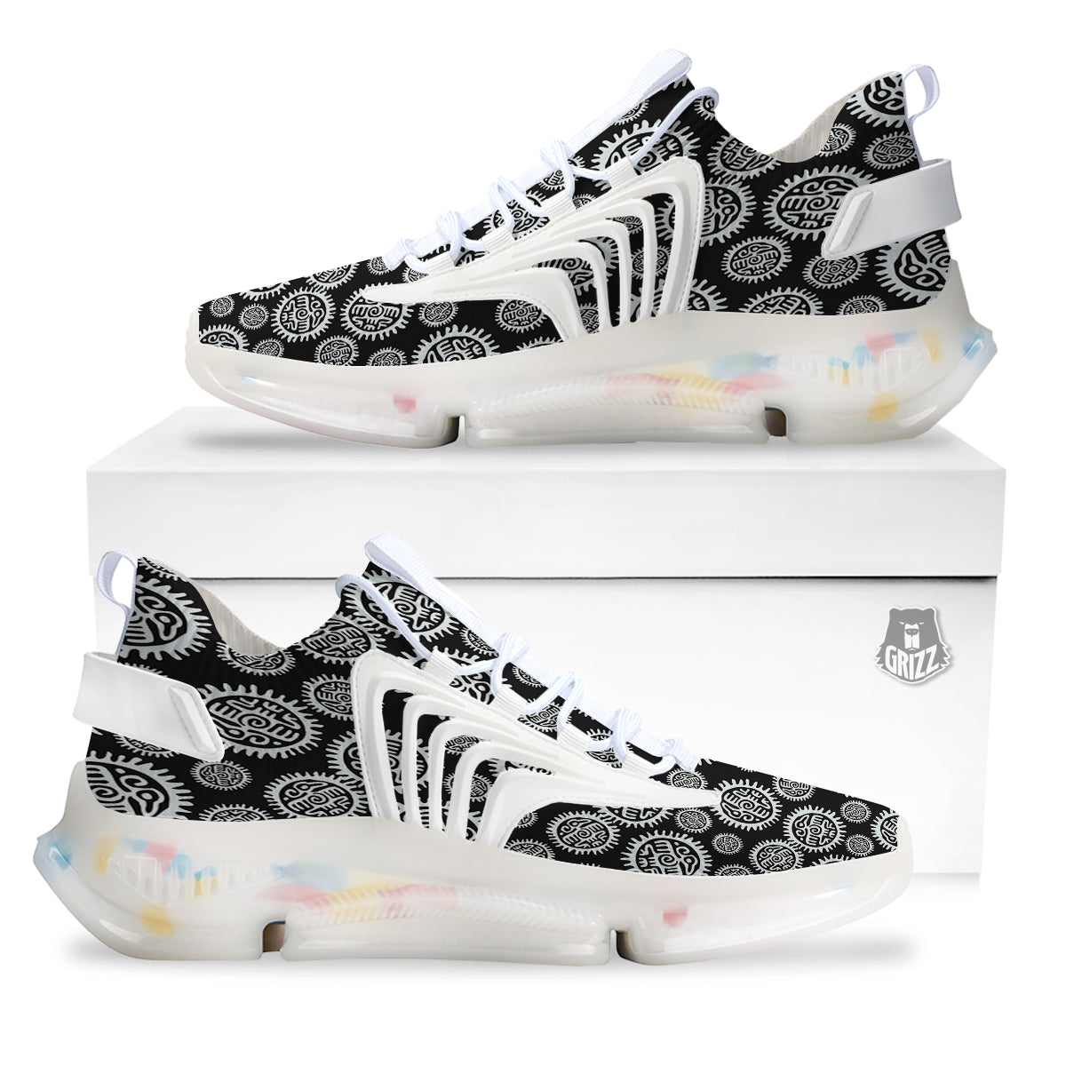 Black And White Aztec Mayan Eagle Print Pattern White Gym Shoes-grizzshop