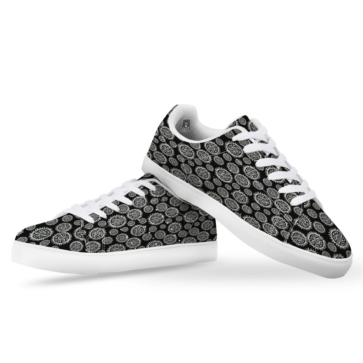 Black And White Aztec Mayan Eagle Print Pattern White Low Top Sneakers-grizzshop
