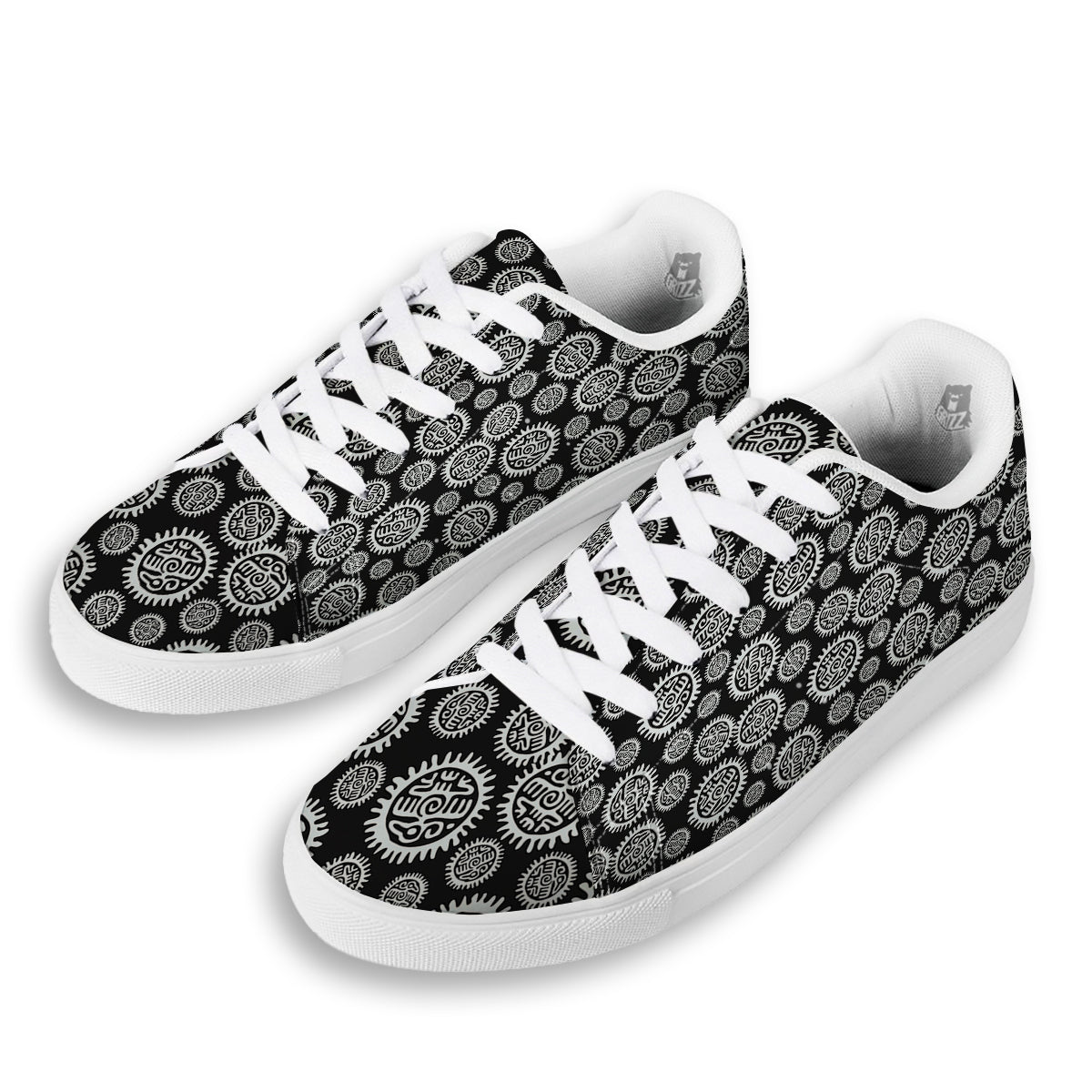 Black And White Aztec Mayan Eagle Print Pattern White Low Top Sneakers-grizzshop