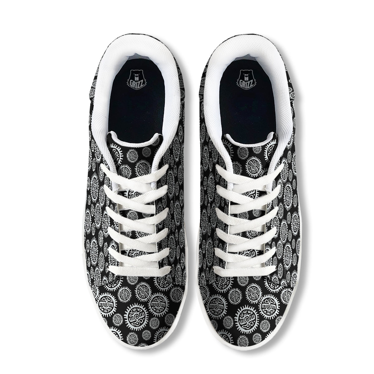 Black And White Aztec Mayan Eagle Print Pattern White Low Top Sneakers-grizzshop