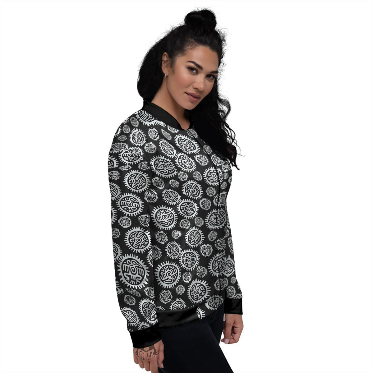 Black And White Aztec Mayan Eagle Print Pattern Women's Bomber Jacket-grizzshop