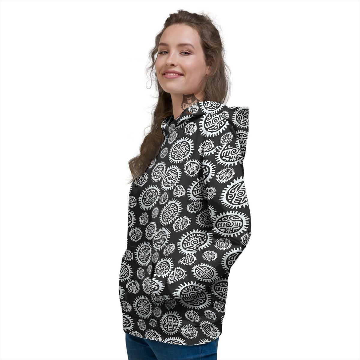 Black And White Aztec Mayan Eagle Print Pattern Women's Hoodie-grizzshop