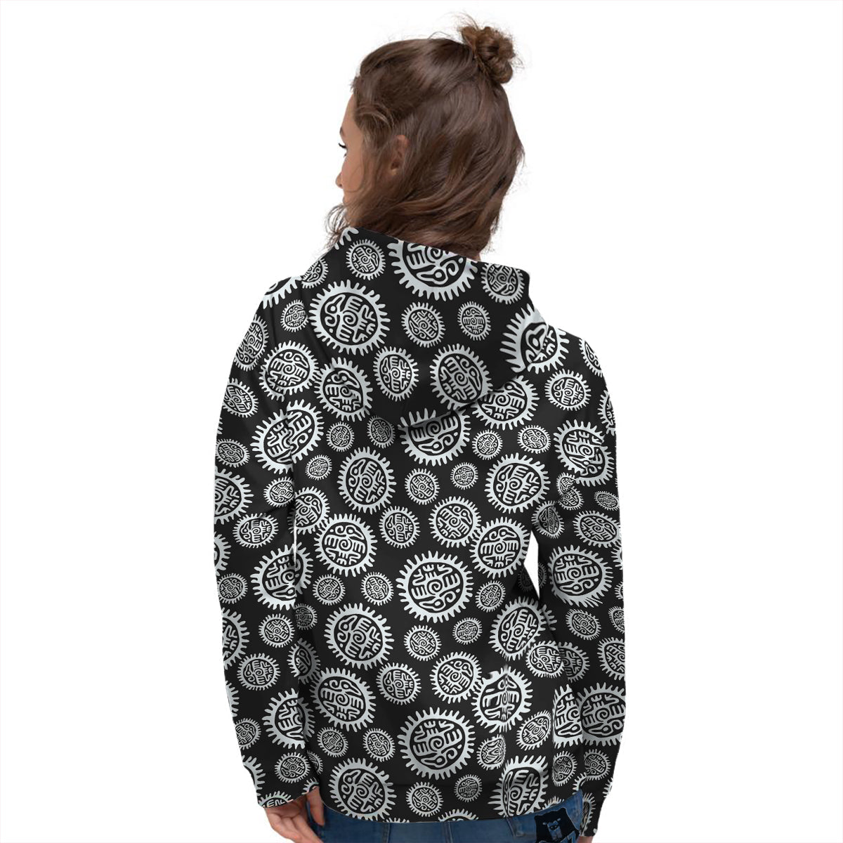 Black And White Aztec Mayan Eagle Print Pattern Women's Hoodie-grizzshop