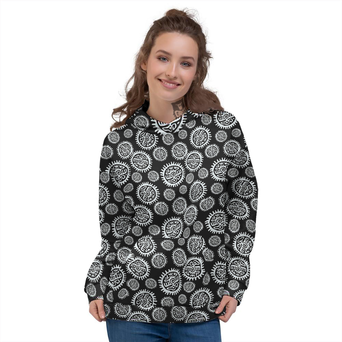 Black And White Aztec Mayan Eagle Print Pattern Women's Hoodie-grizzshop