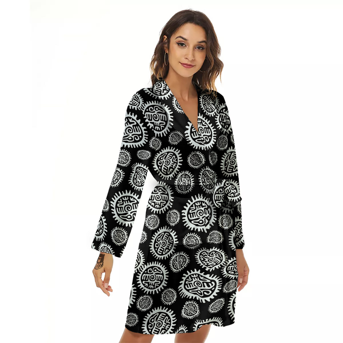 Black And White Aztec Mayan Eagle Print Pattern Women's Robe-grizzshop