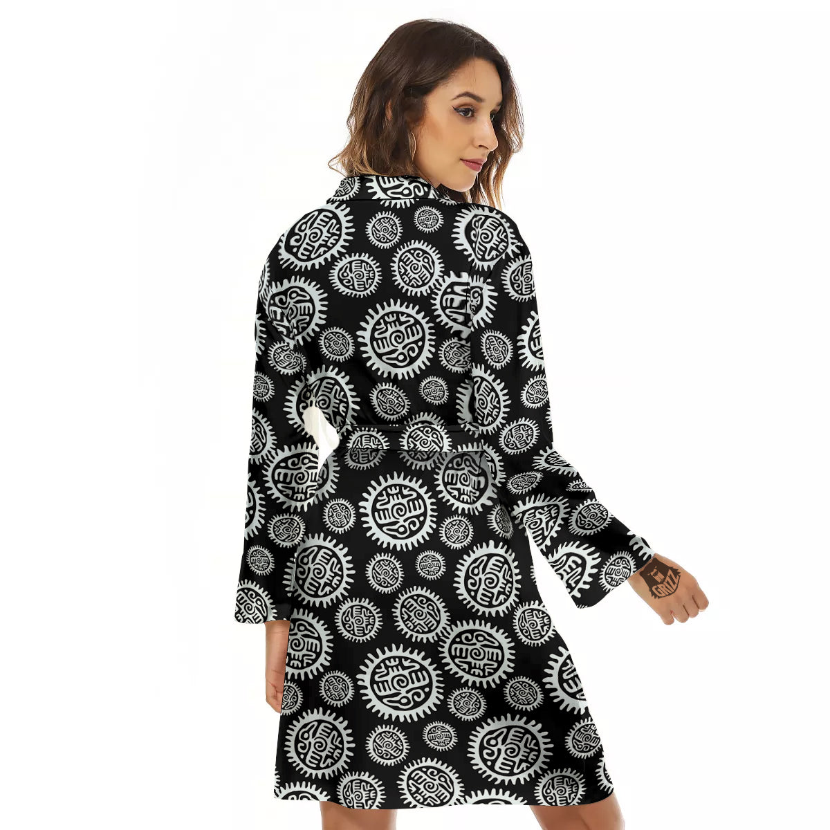 Black And White Aztec Mayan Eagle Print Pattern Women's Robe-grizzshop