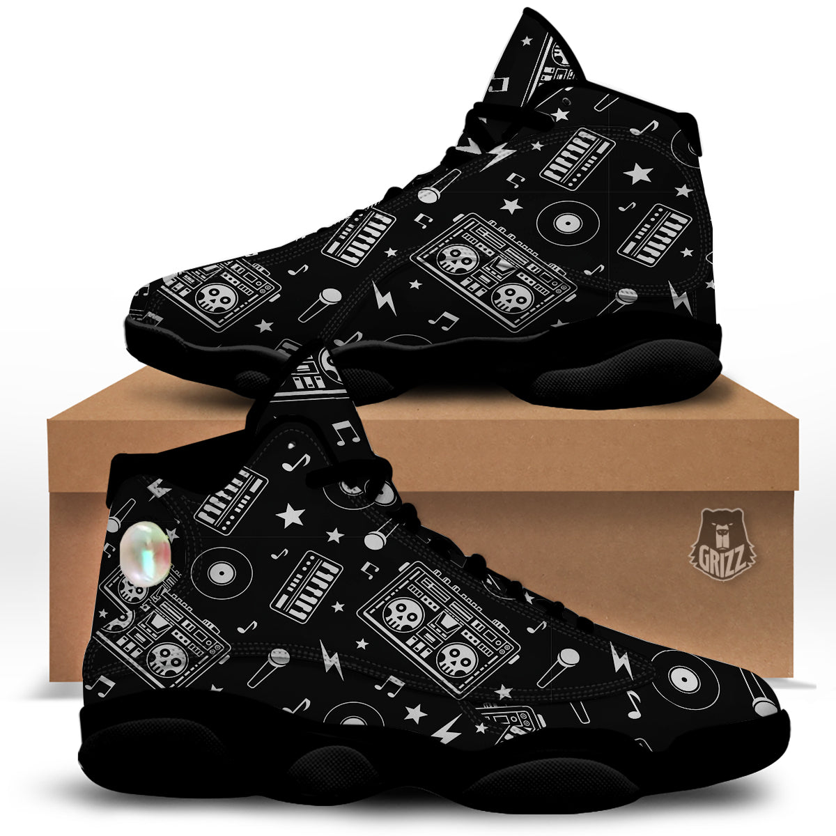 Black And White Boombox Print Pattern Black Basketball Shoes-grizzshop