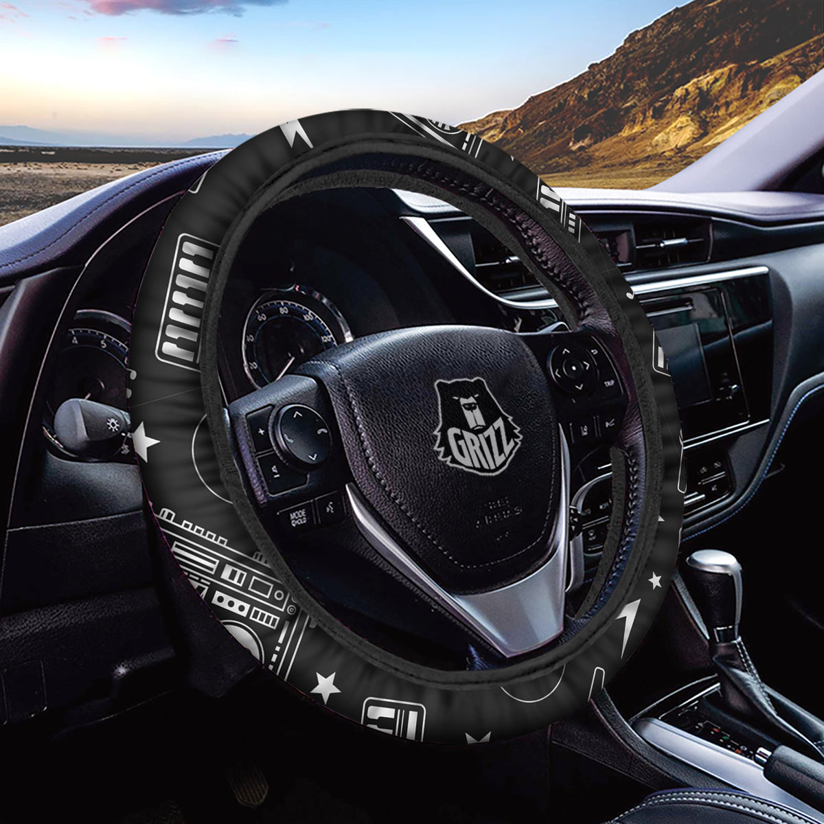 Black And White Boombox Print Pattern Car Steering Wheel Cover-grizzshop