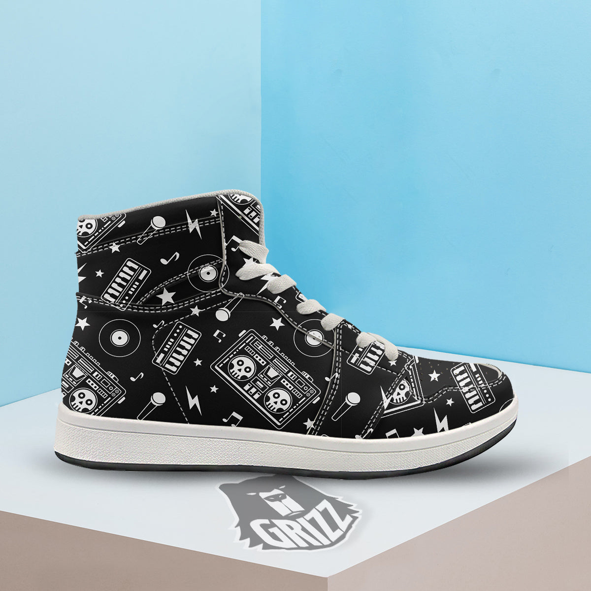 Black And White Boombox Print Pattern High Top Sneakers-grizzshop