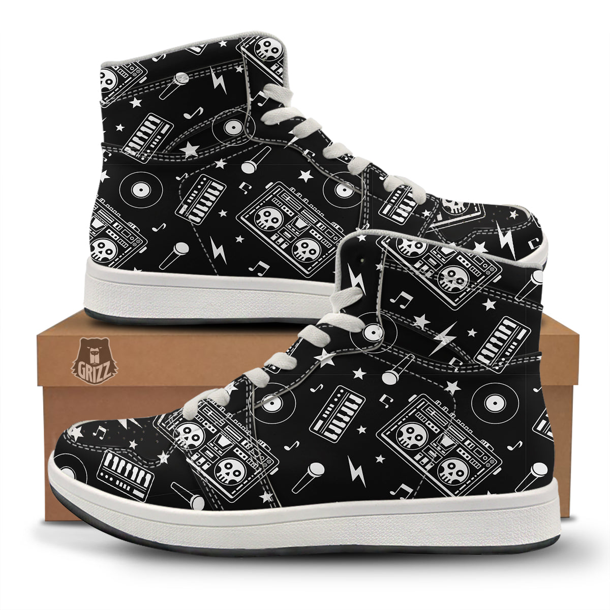 Black And White Boombox Print Pattern High Top Sneakers-grizzshop