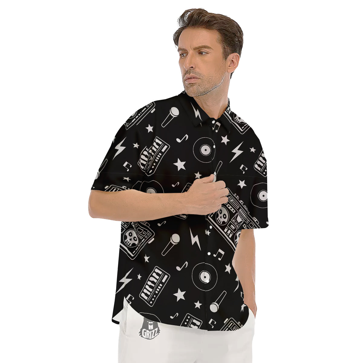 Black And White Boombox Print Pattern Men's Short Sleeve Shirts-grizzshop