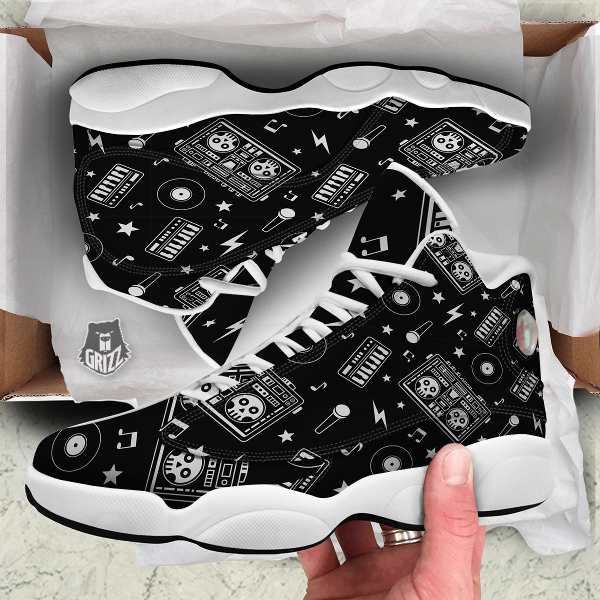 Black And White Boombox Print Pattern White Basketball Shoes-grizzshop