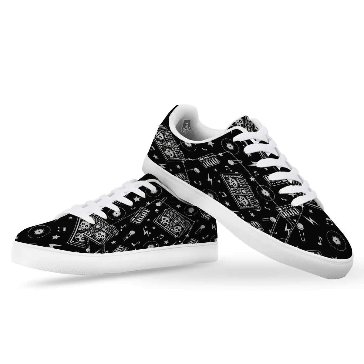 Black And White Boombox Print Pattern White Low Top Sneakers-grizzshop