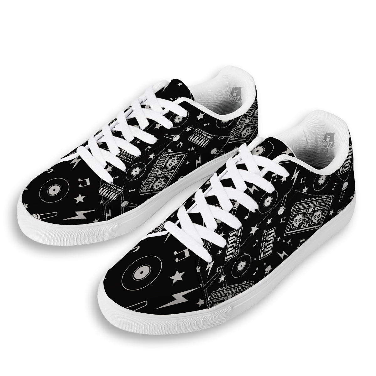 Black And White Boombox Print Pattern White Low Top Sneakers-grizzshop
