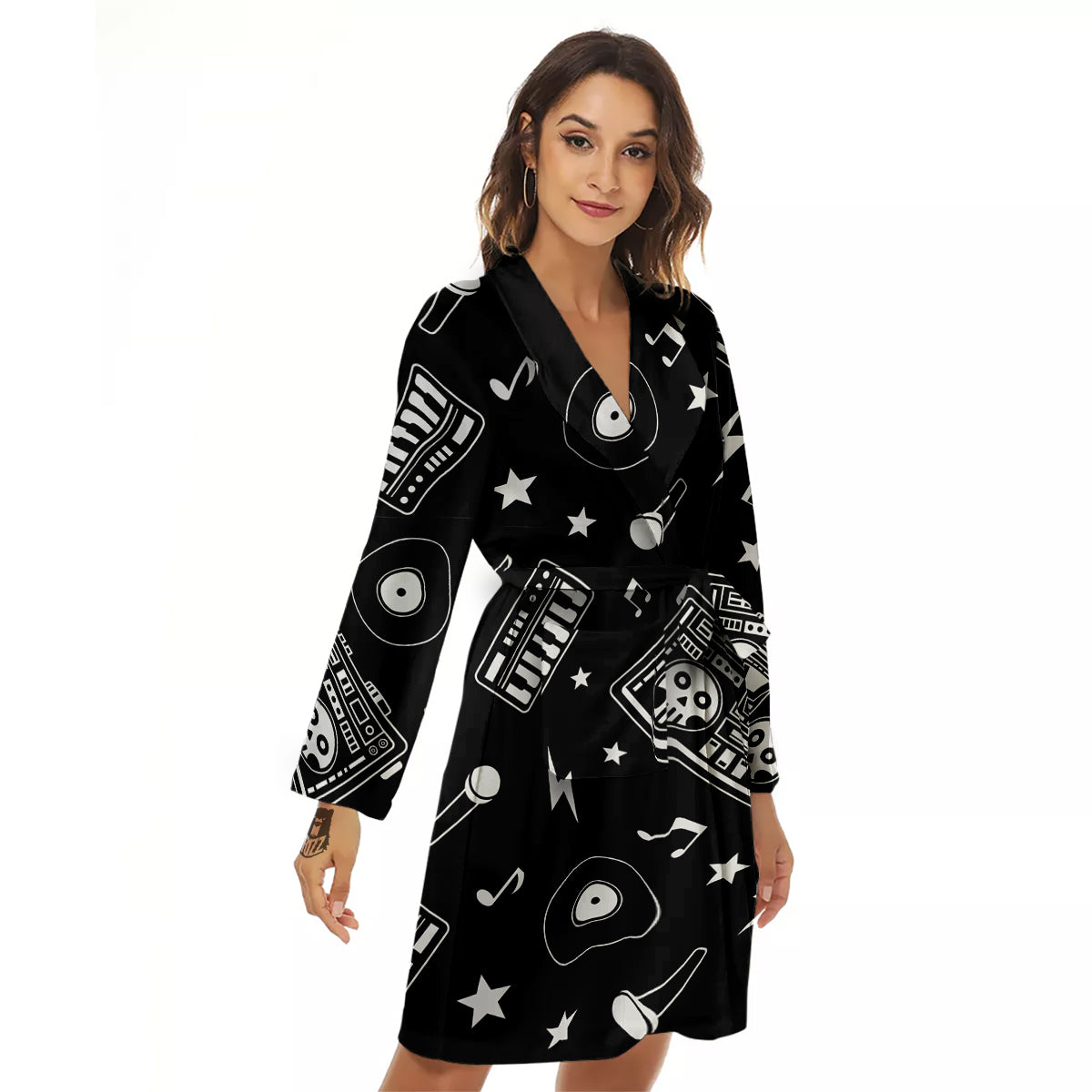 Black And White Boombox Print Pattern Women's Robe-grizzshop