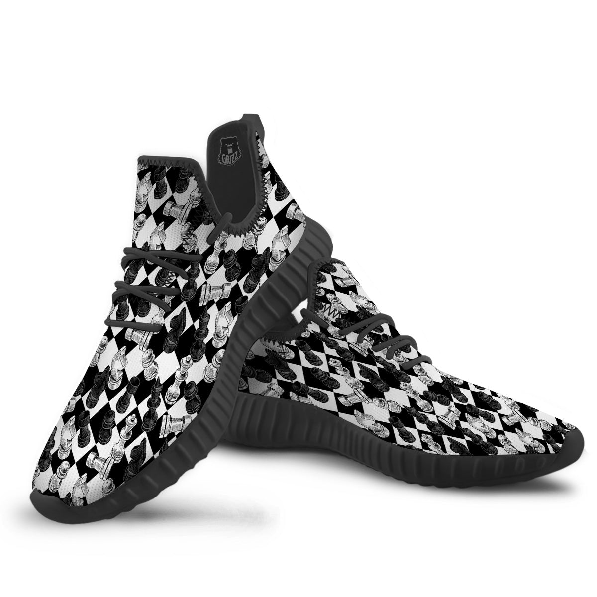 Black And White Chessboard Print Pattern Black Walking Shoes-grizzshop