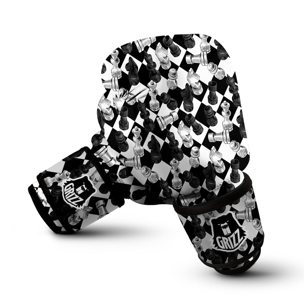 Black And White Chessboard Print Pattern Boxing Gloves-grizzshop
