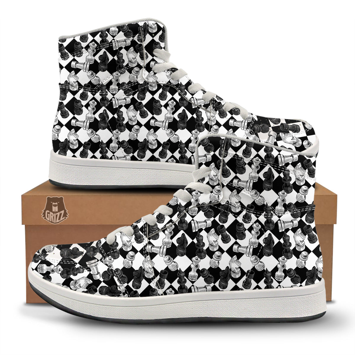 Black And White Chessboard Print Pattern High Top Sneakers-grizzshop