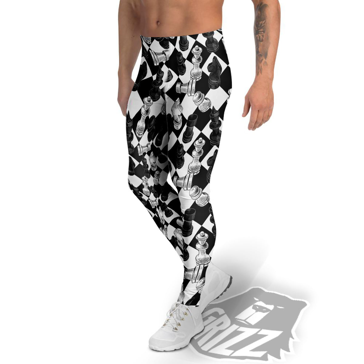 Black And White Chessboard Print Pattern Men's Leggings-grizzshop