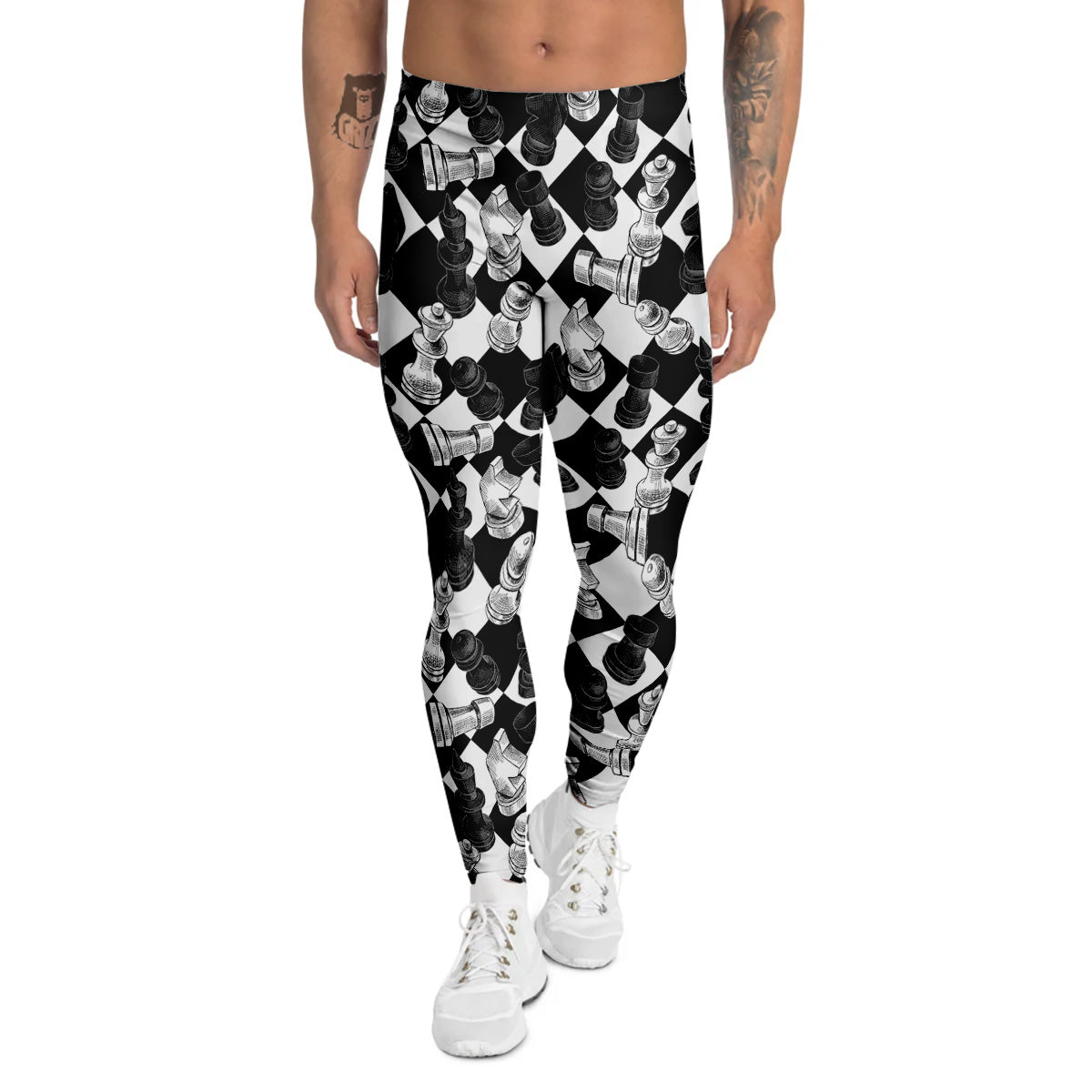 Black And White Chessboard Print Pattern Men's Leggings-grizzshop