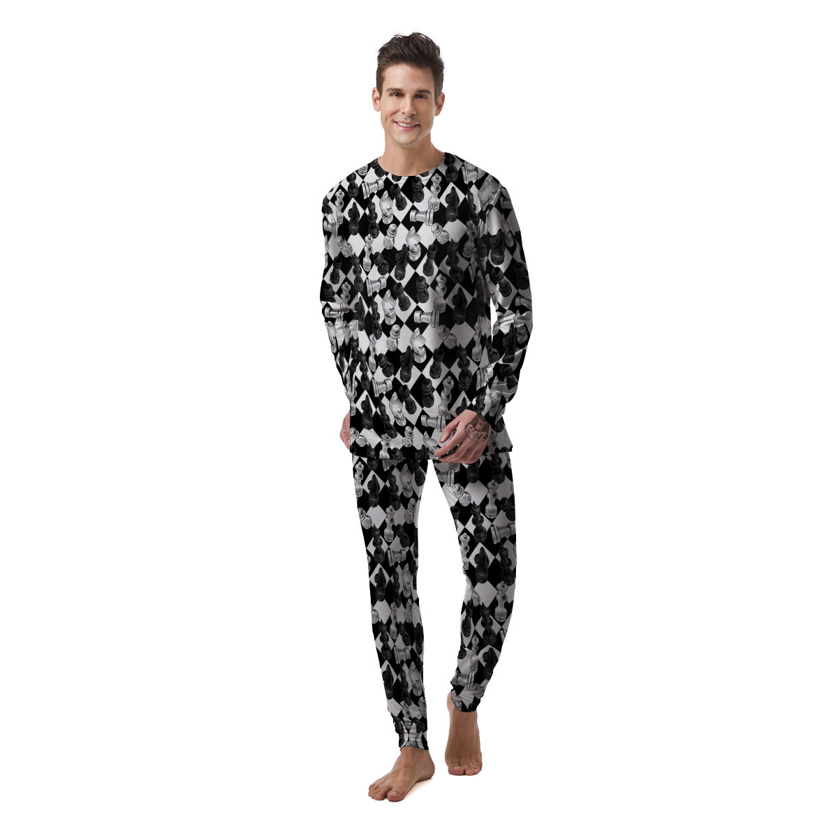 Black And White Chessboard Print Pattern Men's Pajamas-grizzshop