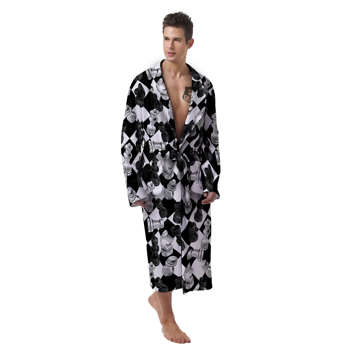 Black And White Chessboard Print Pattern Men's Robe-grizzshop