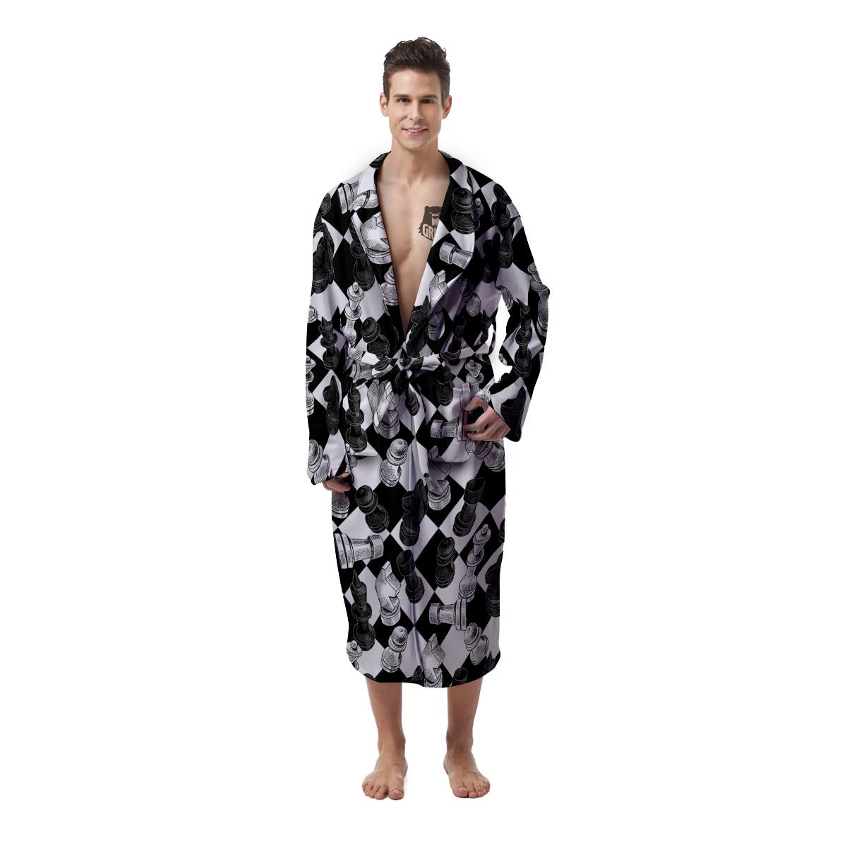 Black And White Chessboard Print Pattern Men's Robe-grizzshop