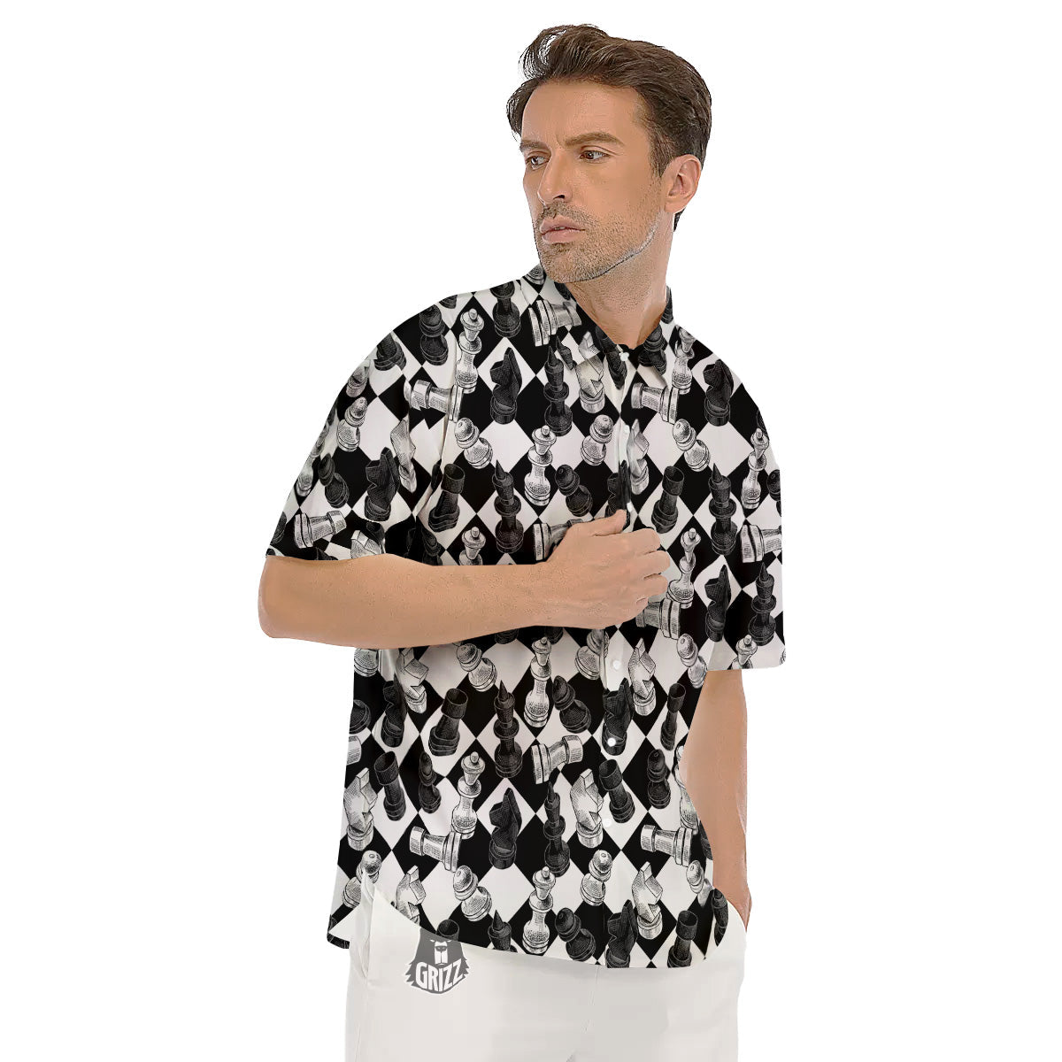 Black And White Chessboard Print Pattern Men's Short Sleeve Shirts-grizzshop