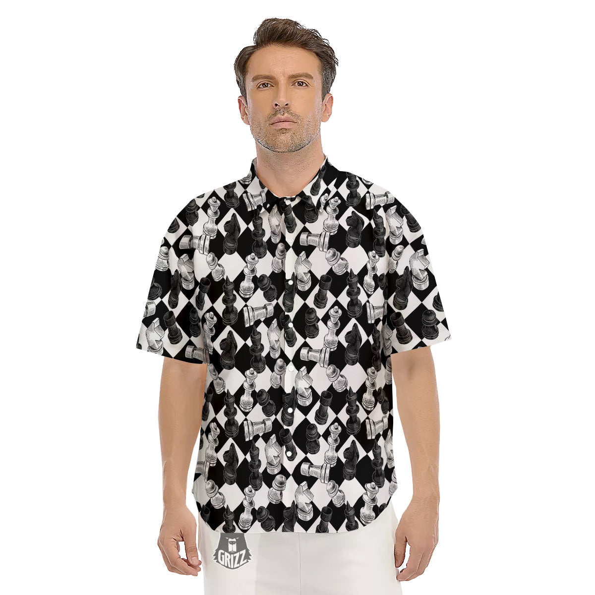 Black And White Chessboard Print Pattern Men's Short Sleeve Shirts-grizzshop