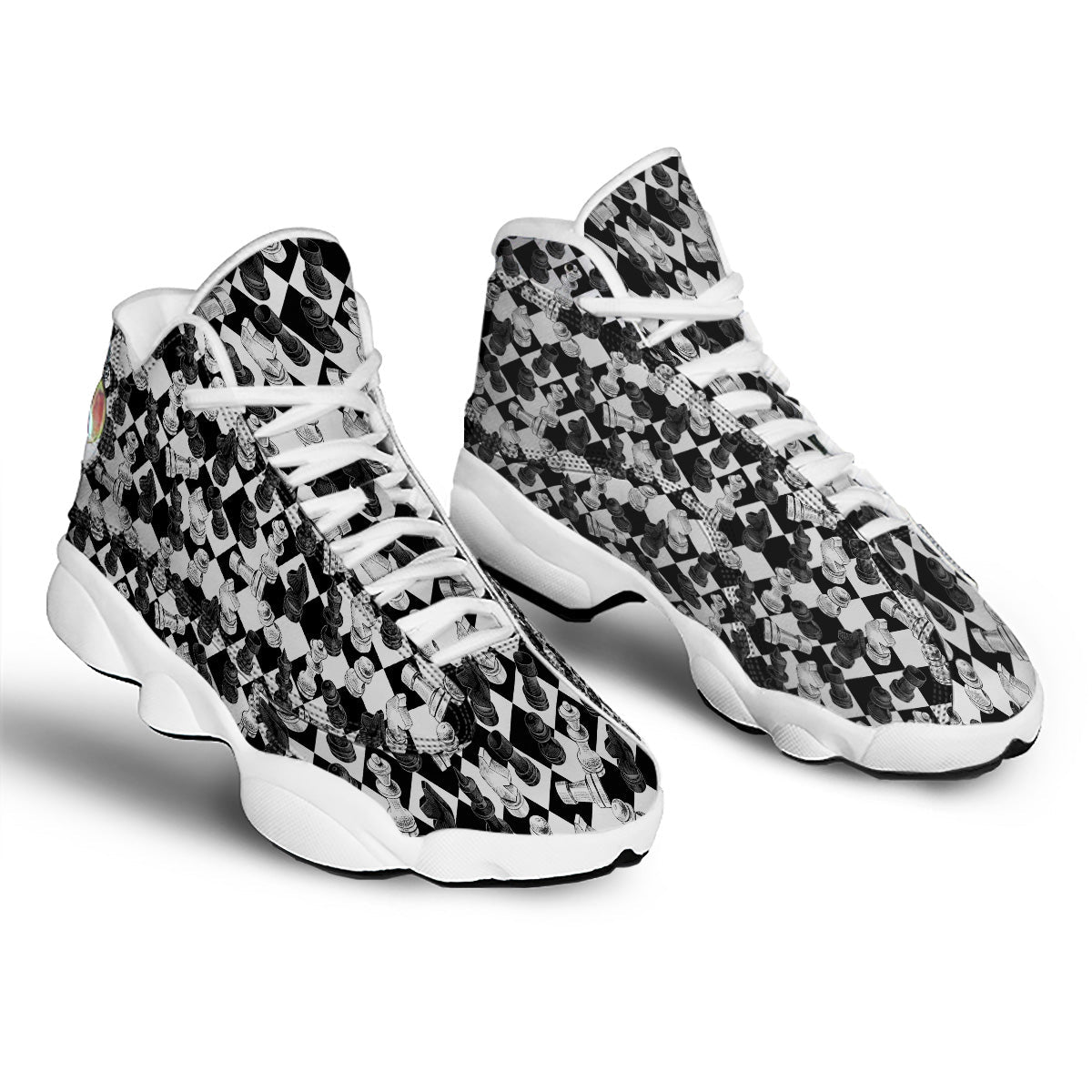 Black And White Chessboard Print Pattern White Basketball Shoes-grizzshop