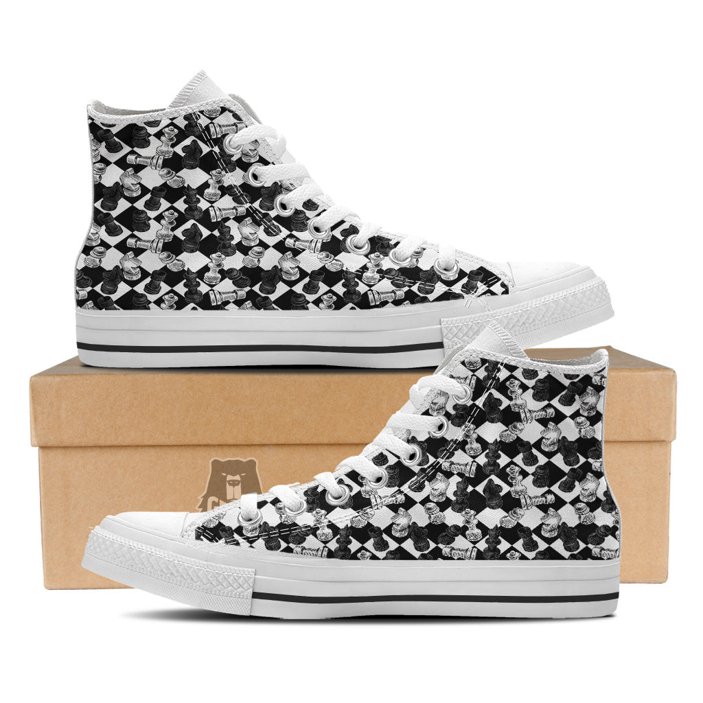Black And White Chessboard Print Pattern White High Top Shoes-grizzshop