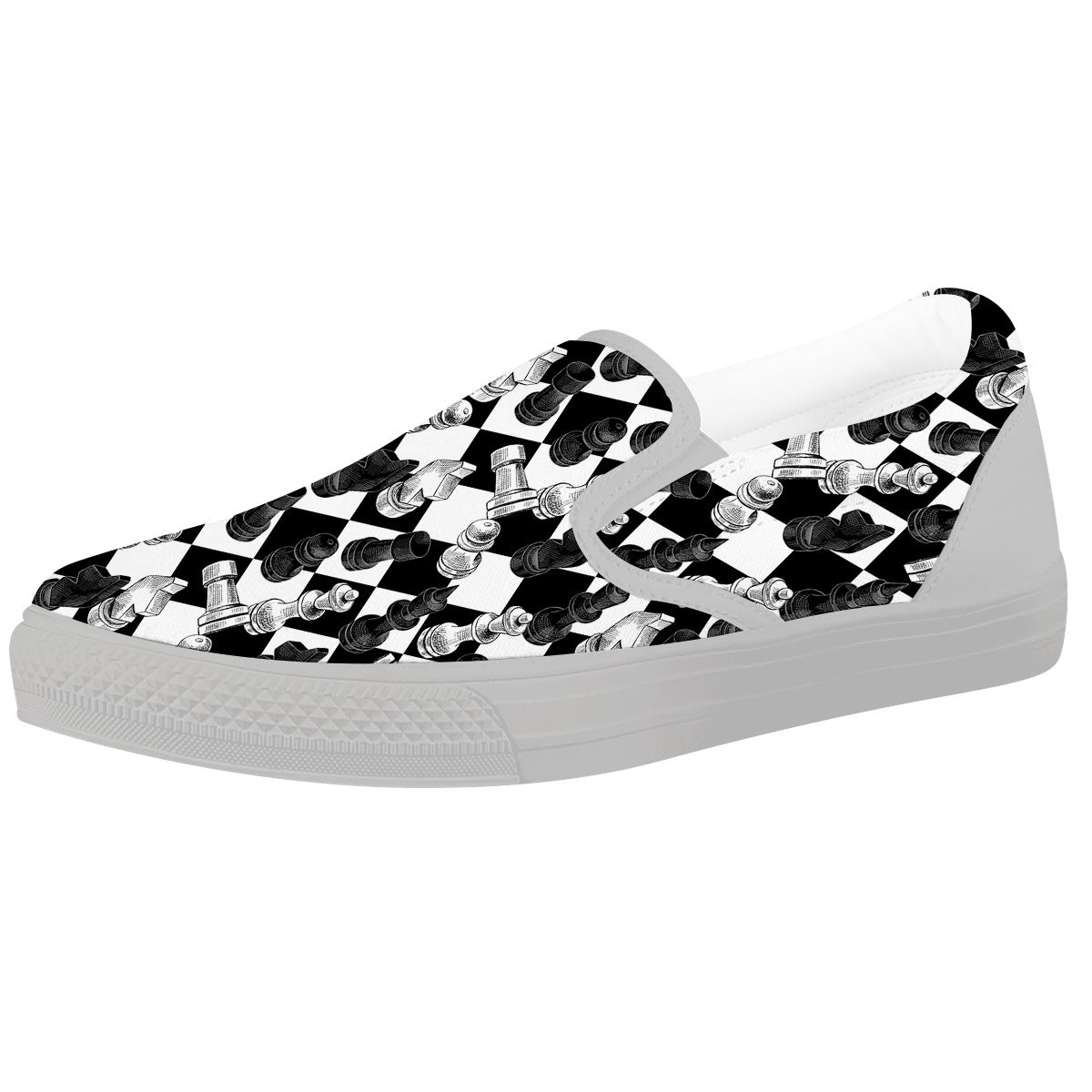 Black And White Chessboard Print Pattern White Slip On Shoes-grizzshop