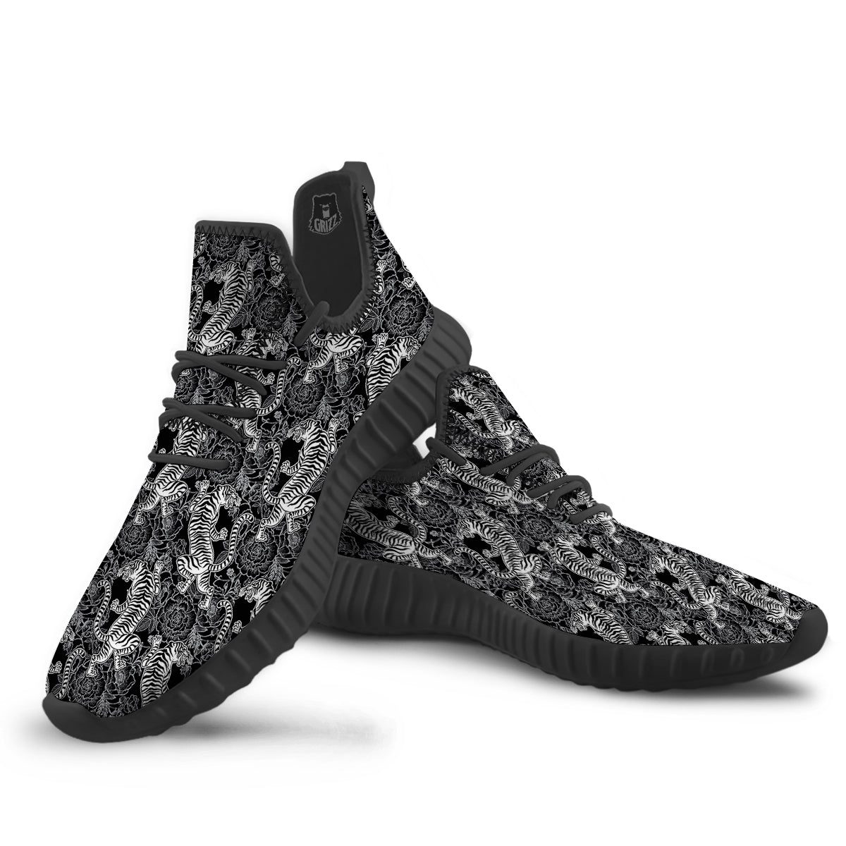 Black And White Chinese Tiger Print Pattern Black Walking Shoes-grizzshop