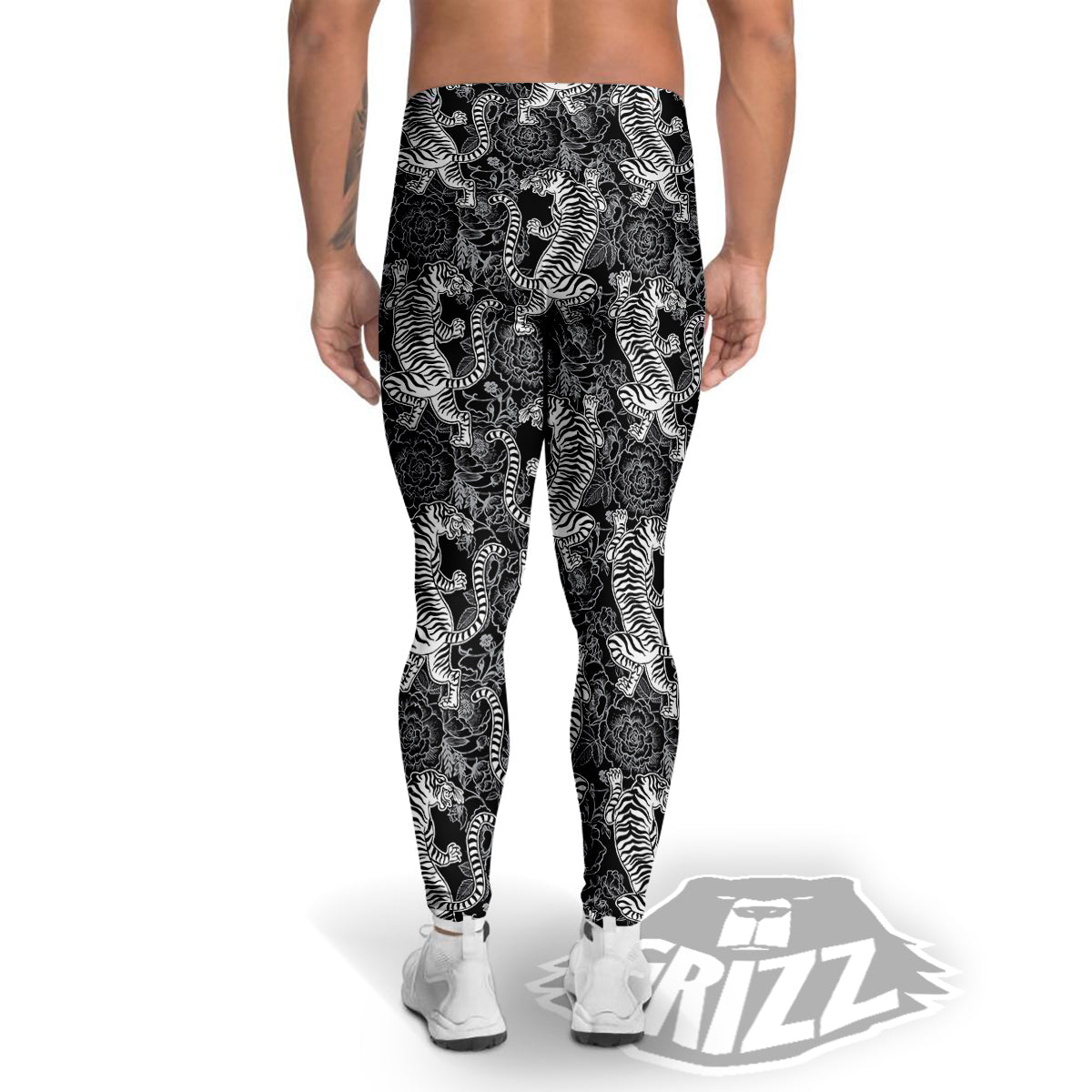 Black And White Chinese Tiger Print Pattern Men's Leggings-grizzshop