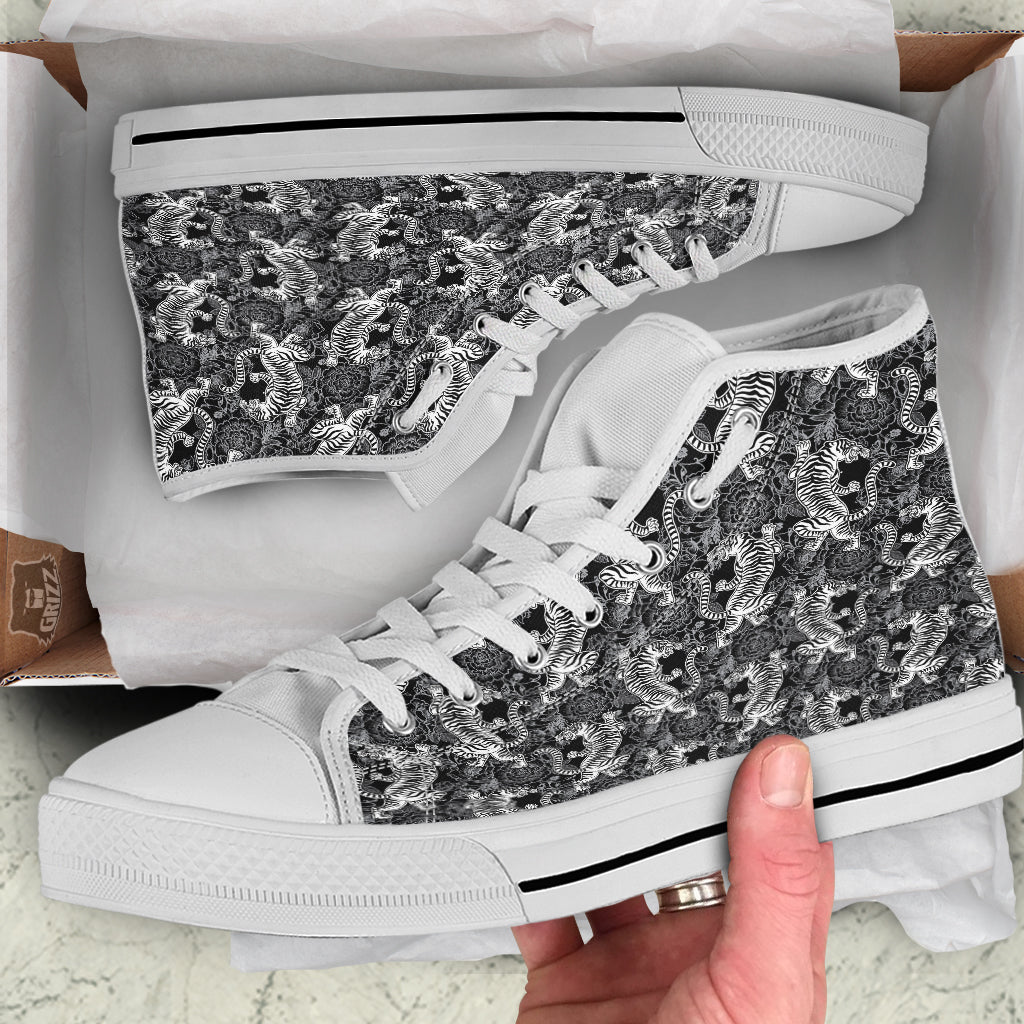 Black And White Chinese Tiger Print Pattern White High Top Shoes-grizzshop