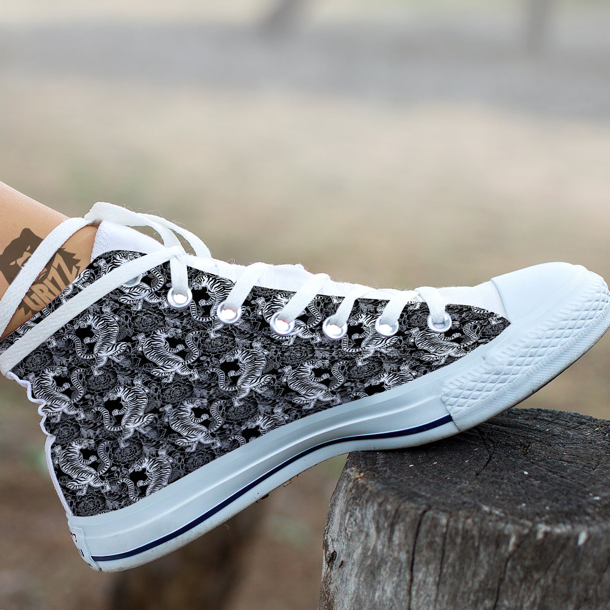 Black And White Chinese Tiger Print Pattern White High Top Shoes-grizzshop