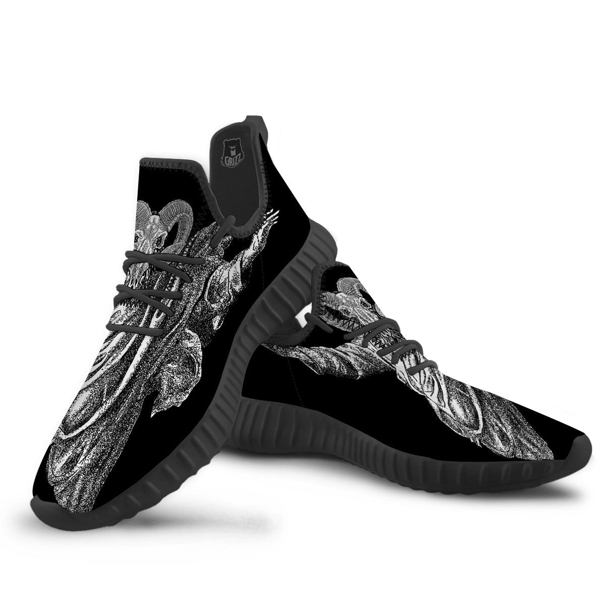 Black And White Demon Goat Print Black Walking Shoes-grizzshop