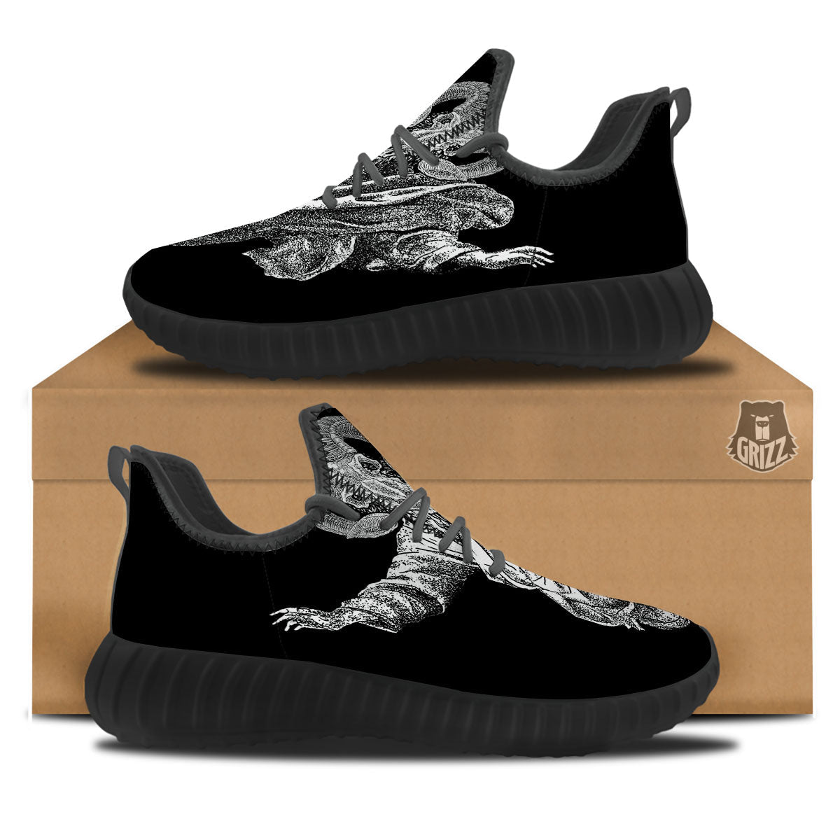 Black And White Demon Goat Print Black Walking Shoes-grizzshop