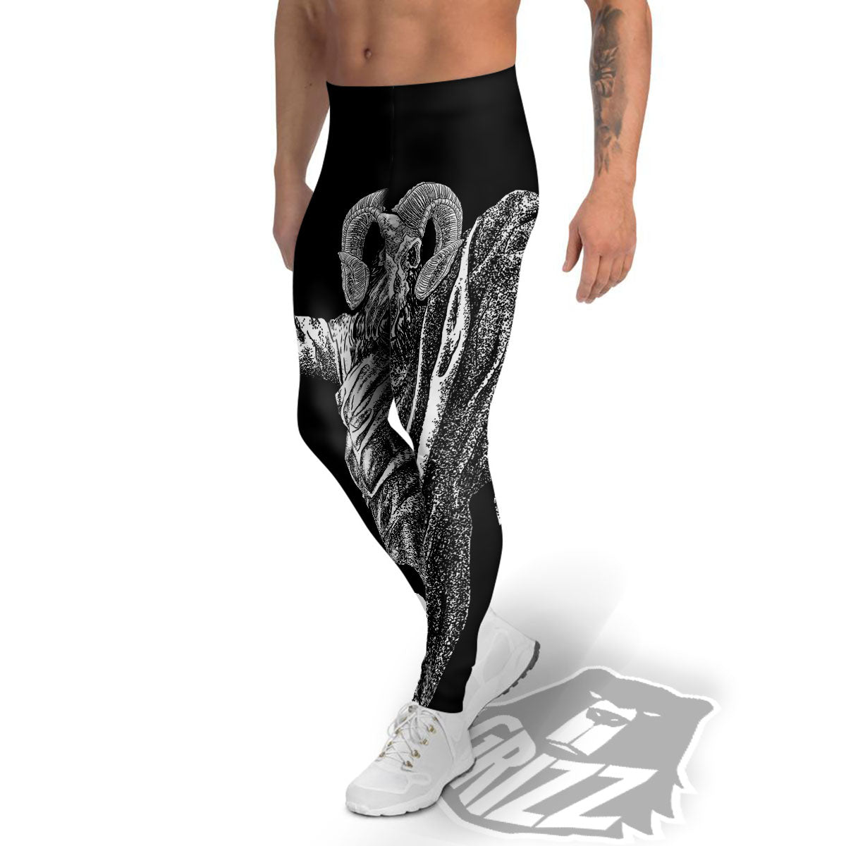 Black And White Demon Goat Print Men's Leggings-grizzshop