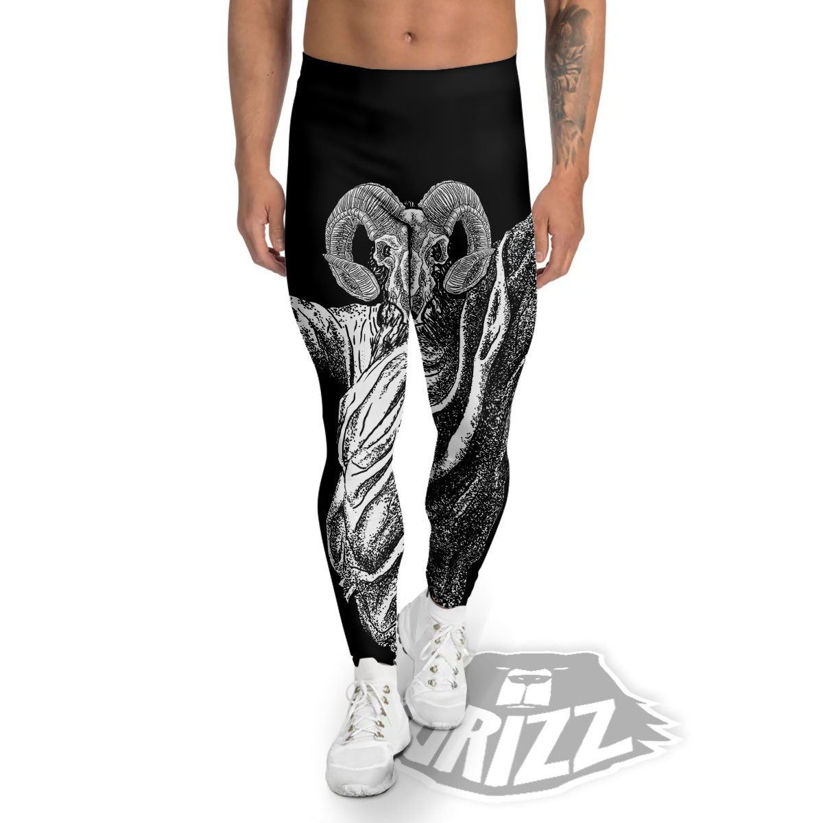 Black And White Demon Goat Print Men's Leggings-grizzshop