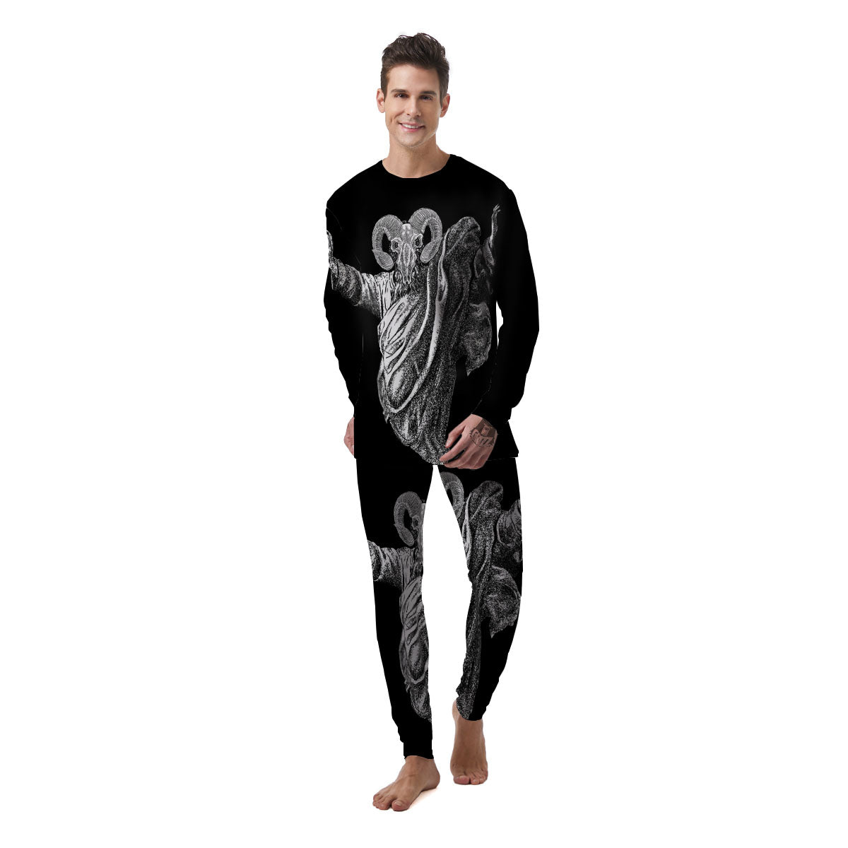 Black And White Demon Goat Print Men's Pajamas-grizzshop